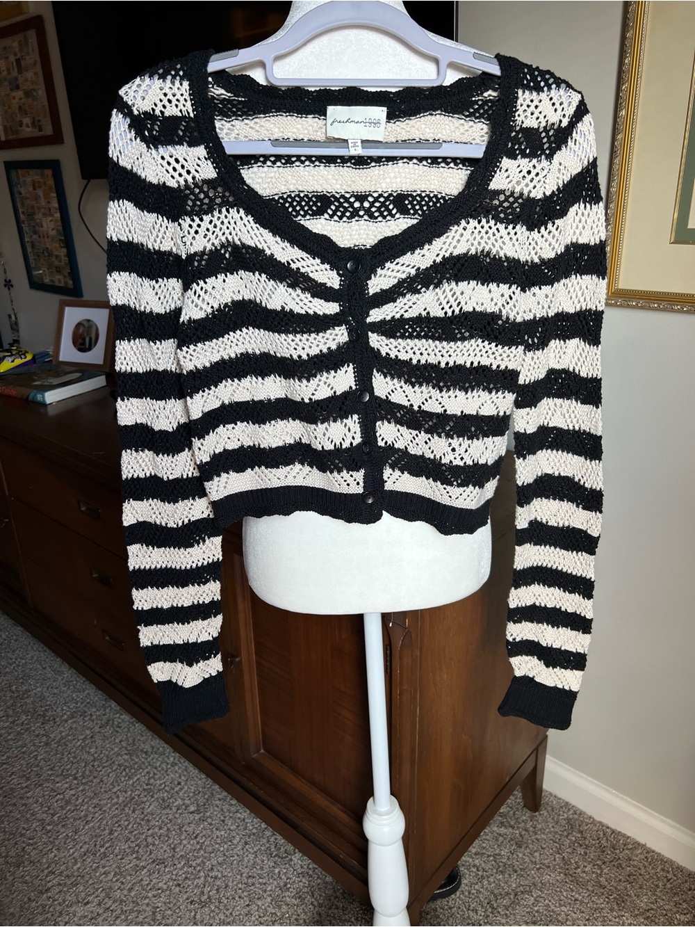 Freshman Black and White Striped Crochet Cardigan